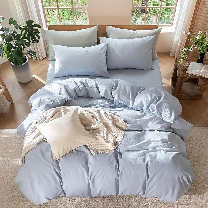 MooMee Bedding Duvet Cover Set 100% Washed Cotton Linen Like Textured Breathable Durable Soft Comfy (Heathered Cornflower Blue, Queen 90"x90")