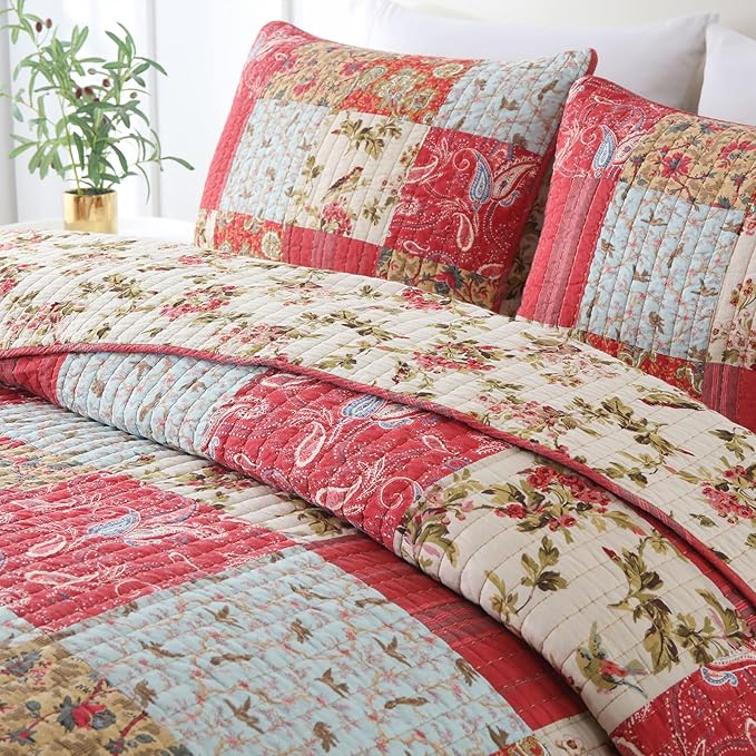 Secgo Queen Size Comforter Set- 100% Cotton Quilt Queen Size Set, Green, Sage bedspreads (90 * 96 Inch) with 2 Pillow Shams, Patchwork Reversible Lightweight Bedding