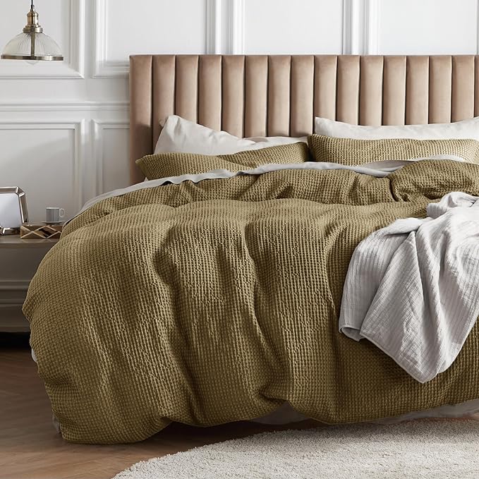 Bedsure Cotton Duvet Cover Queen Size - 100% Cotton Waffle Weave Fennel Seed Duvet Cover Queen Size, GentleSoft™ and Breathable Bedding Set for All Season, 3 Pieces, 90"x90"