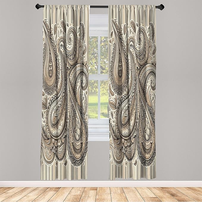 Ambesonne Paisley Window Curtains Pack of 2, Delicate Bohemian Leafy Motives on Stripes in Neutral Muted Colors, Lightweight Set with Rod Pocket, 4 Panels of - 28" x 95", Warm Taupe Ivory and Sepia