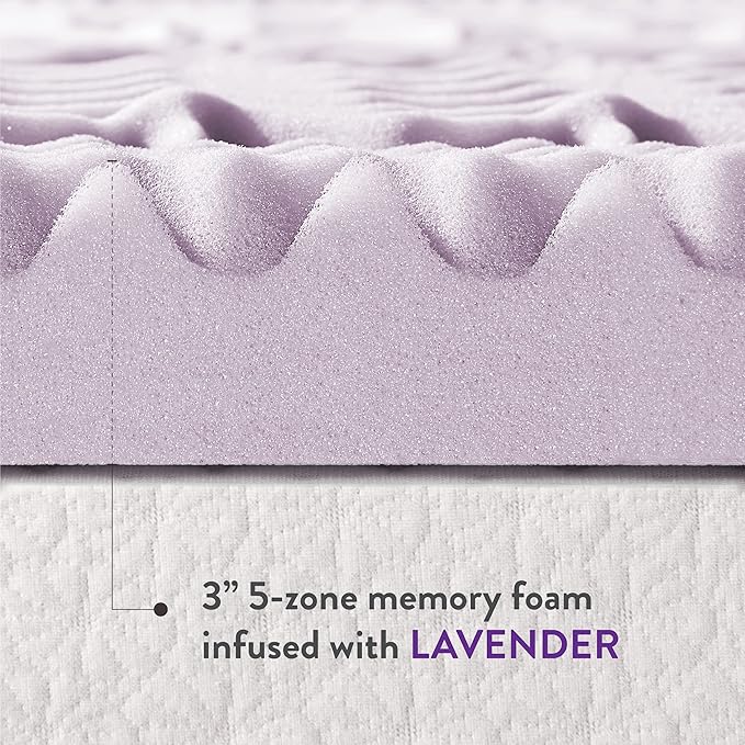 Mellow 3 Inch 5-Zone Memory Foam Mattress Topper, Soothing Lavender Infusion, Dorm Essentials, King