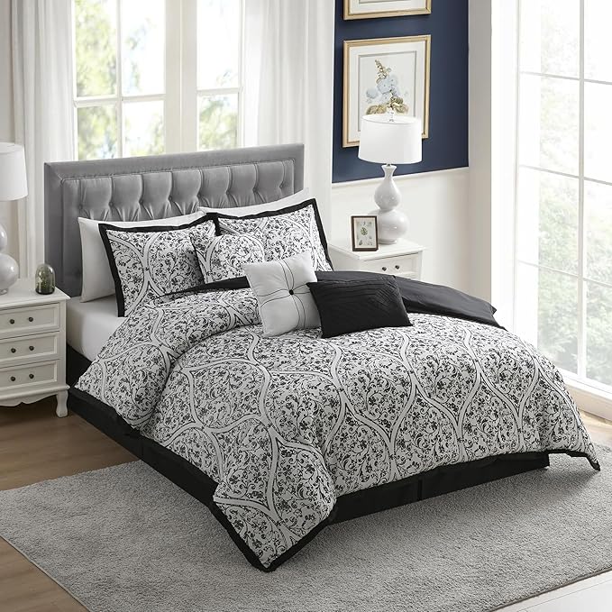 King Size Comforter Set - Soft & Breathable 7-Piece Bedding Collection - 1 Comforter, 2 Pillow Shams, 1 Bed Skirt & 3 Decorative Accent Pillows - Premium Quality, King, Black/White Damask