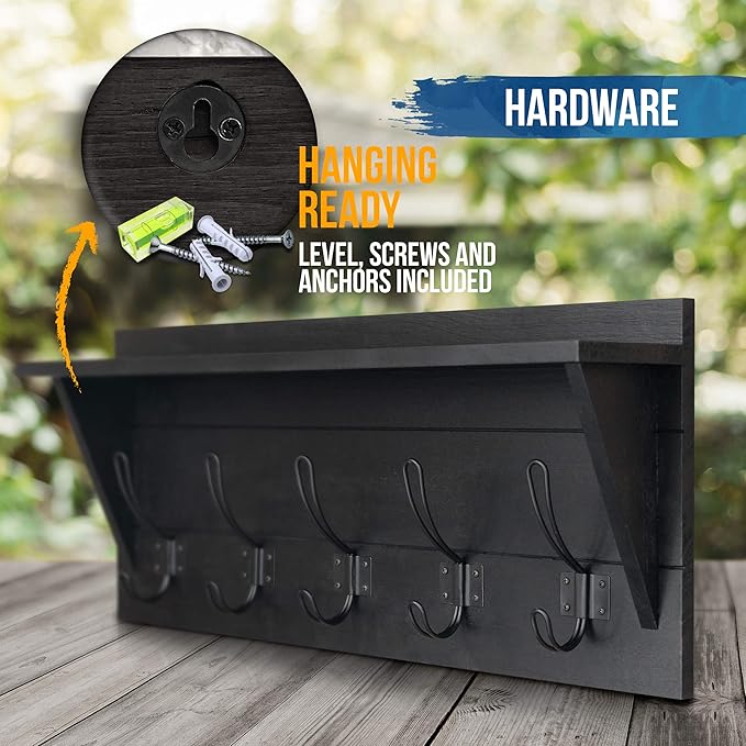 Wall Mounted Coat Rack Shelf, Rustic Wooden Country Style 24" Entryway Shelf with 5 Rustic Hooks Featuring Solid Pine Wood. Perfect Touch for Your Entryway, Mudroom, Kitchen, Bathroom and More, Black