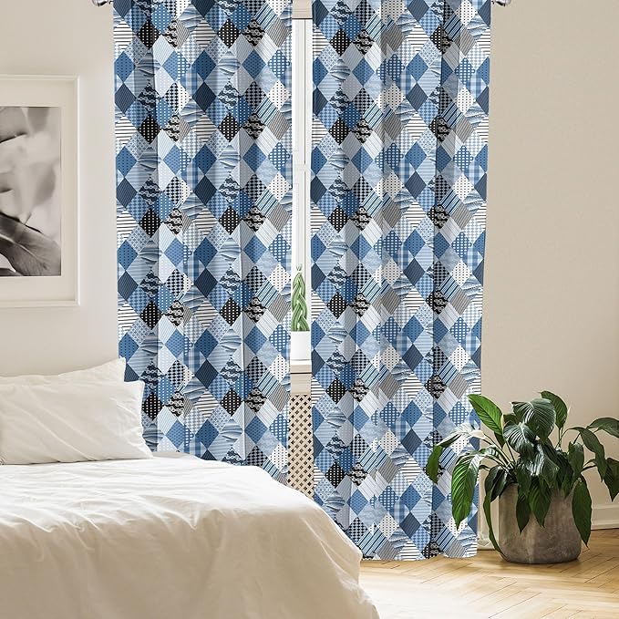 Ambesonne Geometric Window Curtains, Geometrical Diamond Shaped Lines with Various Nostalgic Fashioned Old Pattern, Decorative Panels Set of 2 with Rod Pocket, Pair of - 28" x 84", Black Blue