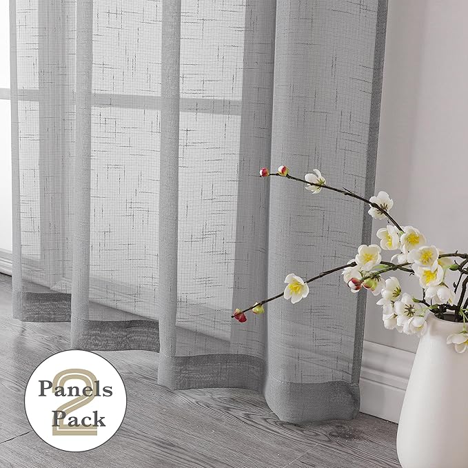 Aiyufeng Grey Sheer Curtains 45 Inch Length 2 Panels, Short Linen Curtains for Kitchen, Small Window Curtains Window Treatment Privacy with Light Filtering for Cafe/Bathroom, Each 30Wx45L Inch, Gray
