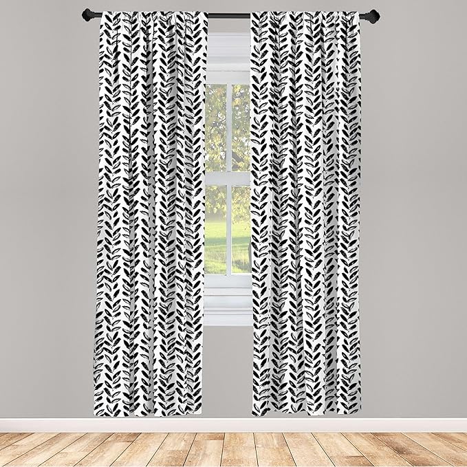 Ambesonne Black and White Window Curtains Pack of 2, Modern Grunge Botany Motif Monochrome Brush Paint Style Strokes, Lightweight Set with Rod Pocket, 4 Panels of - 28" x 84", White and Black
