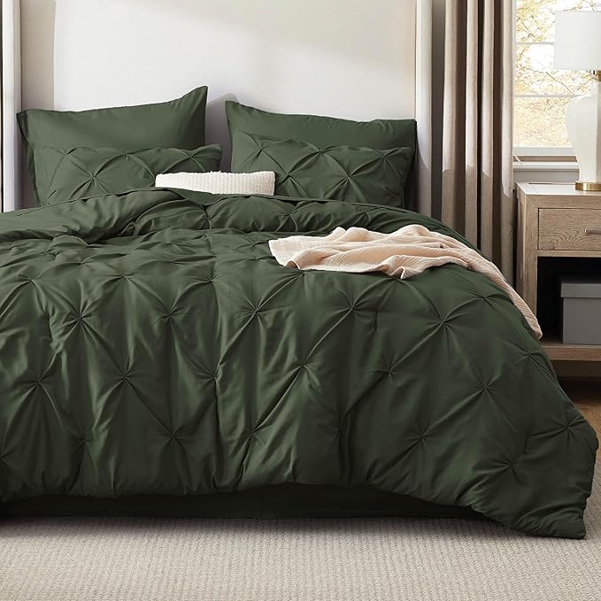 Bedsure King Size Comforter Set Olive Green - Bed in a Bag Bedding Set 7 Pieces, GentleSoft™ Pintuck Bed Set Gift for Family, Pinch Pleat Olive Green Comforter with Sheets, Pillowcases & Shams