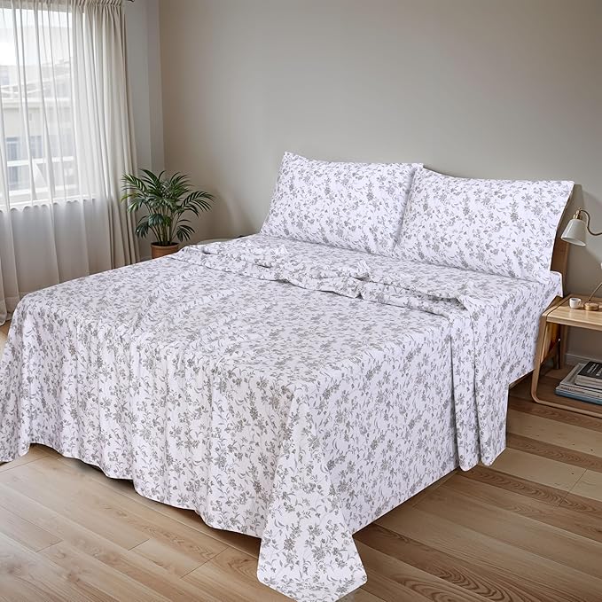 RUVANTI Flannel Sheets Full Size - 100% Cotton Double Brushed Bed Sheets Set, Deep Pockets 16 Inches, All Seasons Breathable & Extra Soft Full Sheets, Warm & Cozy, 4 Piece, Vintage Flora