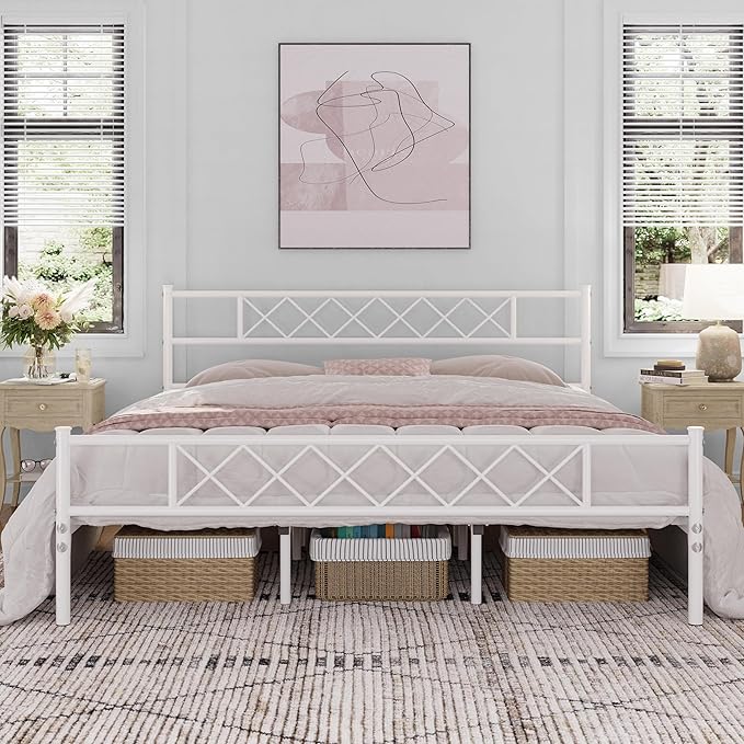 Yaheetech Metal Platform King Bed Frame Mattress Foundation with Headboard and Footboard No Box Spring Needed Under Bed Storage Steel Slats White
