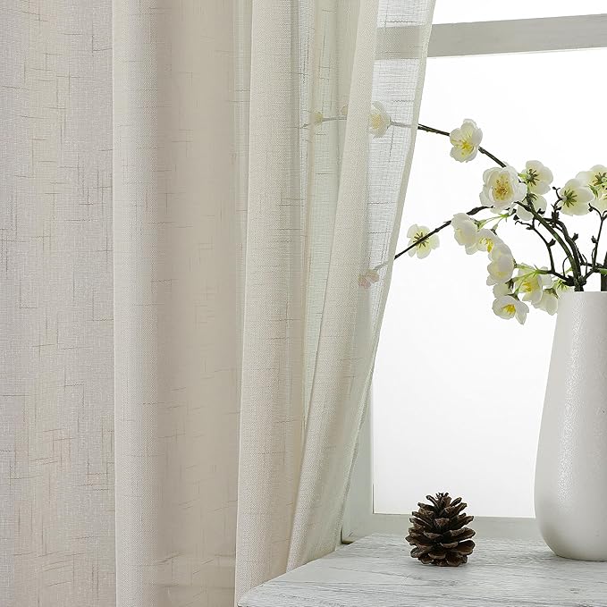 Aiyufeng Faux Linen Sheer Curtains 45 Inch Length 2 Panels, Short Linen Curtains for Kitchen, Small Window Curtains Window Treatment Privacy with Light Filtering for Cafe/Bathroom, Each 30Wx45L Inch