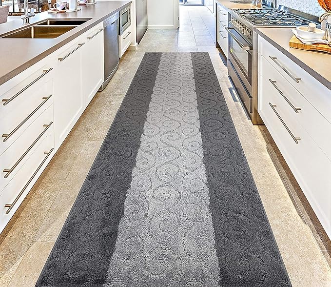 Custom Size Modern Runner Rug Carpet for Hallway Entryway Foyer Kitchen, Slip Resistant Latex Rubber Backed 31 inch Wide X Customized Length, Scroll Grey, 31 inch X 10 feet