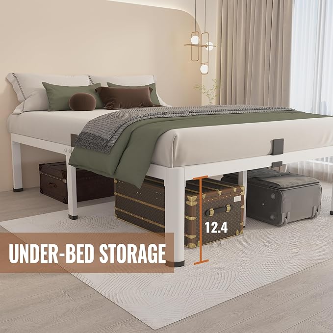 MAF 14 Inch Queen Metal Platform Bed Frame White with Round Corner Legs, 3000 LBS Heavy Duty Steel Slats Support, Noise Free, No Box Spring Needed, Easy Assembly