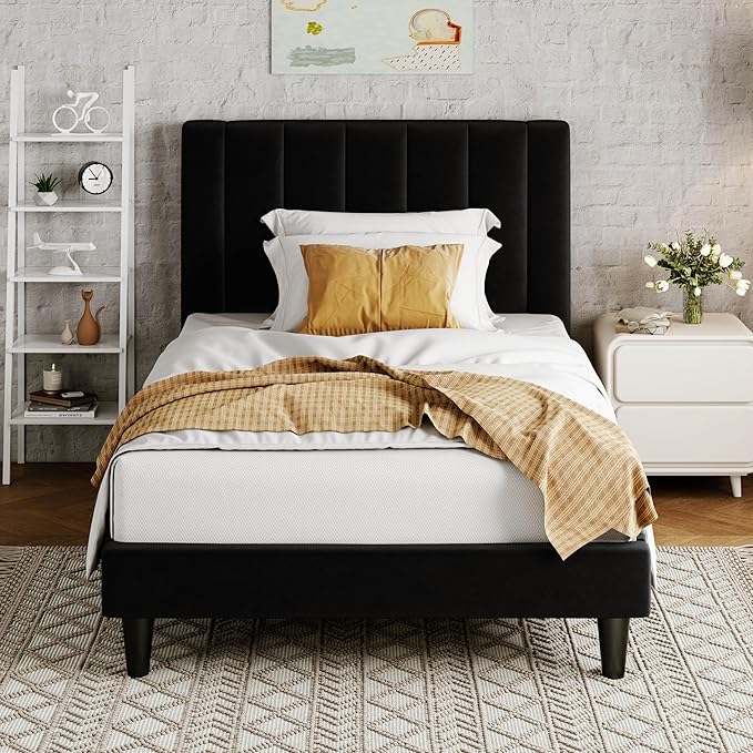 Allewie Twin Bed Frame/Velvet Upholstered Bed Frame with Vertical Channel Tufted Headboard/Strong Wooden Slats/Platform Bed Frame/Mattress Foundation/Box Spring Optional/Easy Assembly/Black