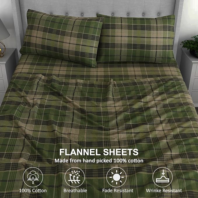 RUVANTI Flannel Sheets Full Size - 100% Cotton Double Brushed Bed Sheets Set, Deep Pockets 16 Inches, All Seasons Breathable & Extra Soft Full Sheets, Warm & Cozy, 4 Piece, DNA Plaid