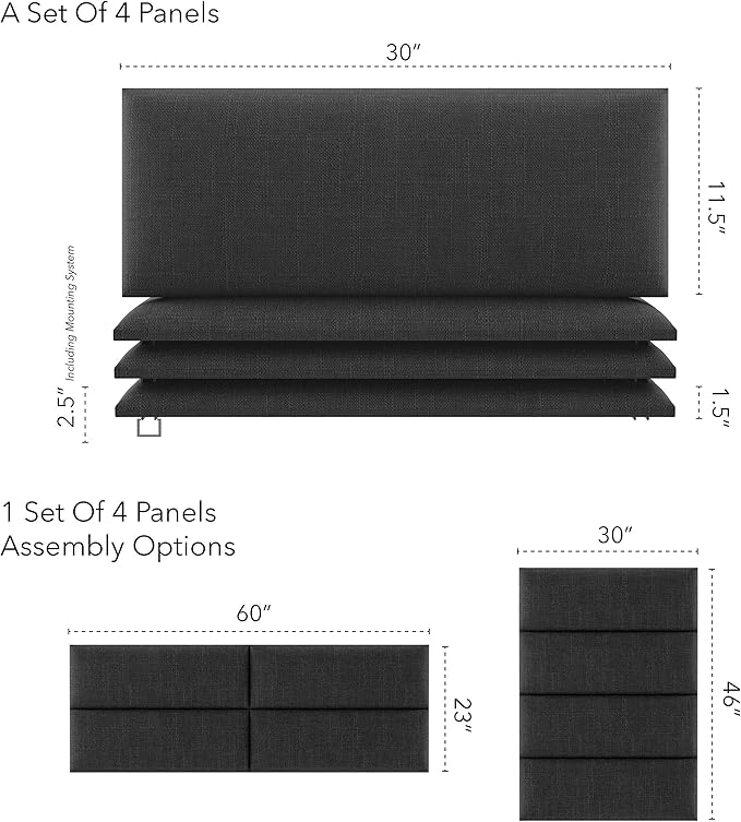 Vänt Upholstered Wall Panels - Queen/Full Size Wall Mounted Headboards - Weave Steel - Set of 4 Panels (Each Individual Panel 30"x11.5")