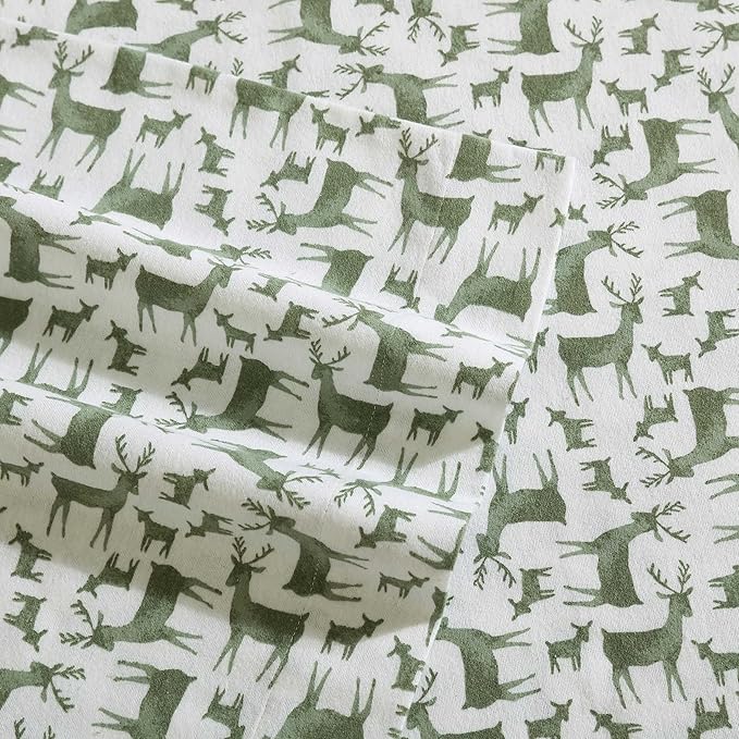 Eddie Bauer - Twin Sheets, Cotton Flannel Bedding Set, Brushed for Extra Softness, Cozy Home Decor, Oeko-Tex Certified (Deer Camp Green, Twin)