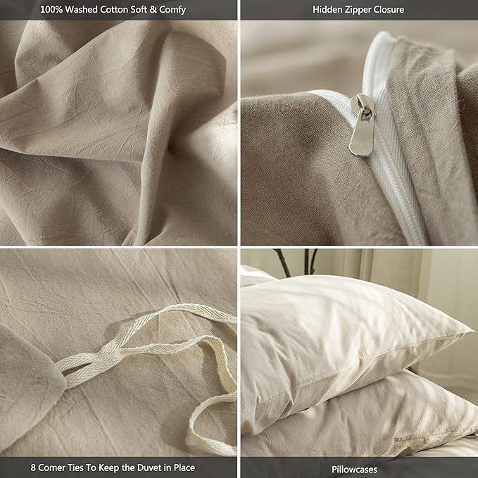 MooMee Bedding Duvet Cover Set 100% Washed Cotton Linen Like Textured Breathable Durable Soft Comfy (Solid Light Camel, Super King 108"x98")