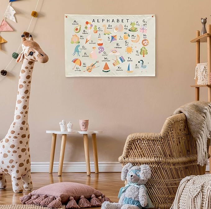 Alphabet ABCD Nursery Rectangular Canvas Banner-Boho Flag Wall Art for Boy Girl Kids,Above Crib Nursery Kindergarten Reading Room Playroom Decor-Baby Growth Stuff-Baby Shower Birthday Christmas Gift