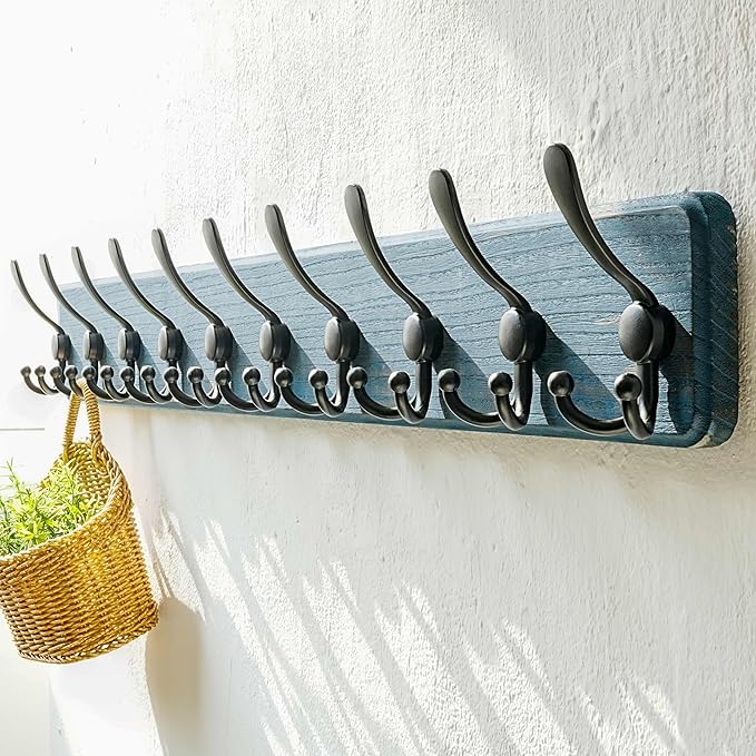 Dseap Coat Rack Wall - Heavy-duty 38-1/4" Long, with Reinforced 10 Custom Tri-Hooks, Solid Wood Wall Hanger for Coats Hat Jackets - Rustic Farmhouse Entryway Storage, Weathered Blue & Black, Pack of 2