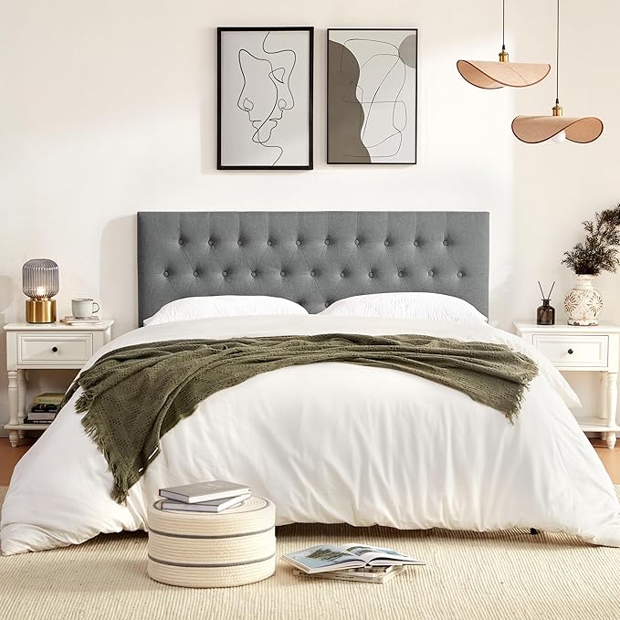 Tufted Upholstered Headboard Queen Size, Solid Wood Head Board with Durable Metal Legs, Adjustable Height Bed headboard from 37” to 51” Fabric Headboard in Modern Button Design, Grey