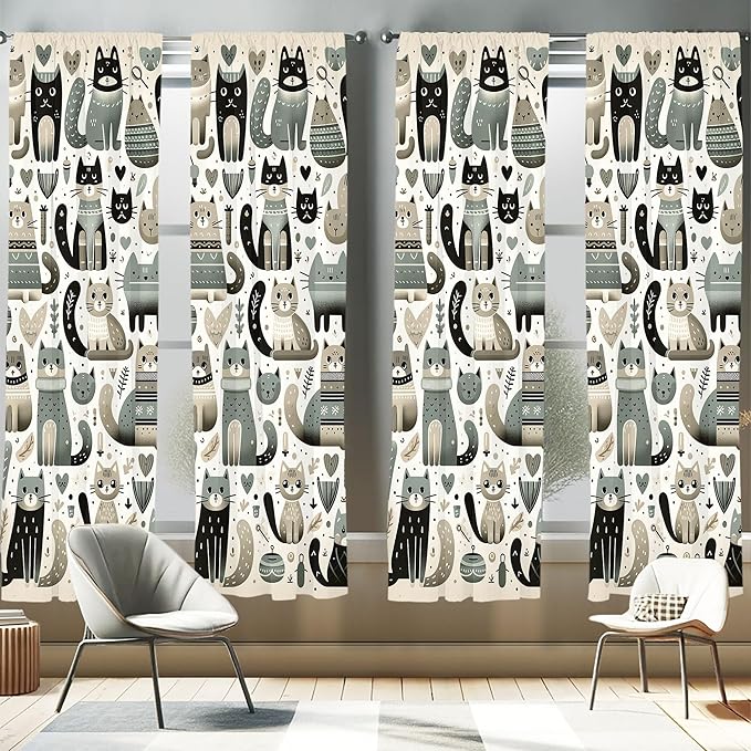 Ambesonne Cats Window Curtains Pack of 2, Modern Scandinavian Inspired Innocent Kitten Pattern with Leafy Details, Lightweight Set with Rod Pocket, 4 Panels of - 28" x 63", Pale Teal Pale Khaki Grey