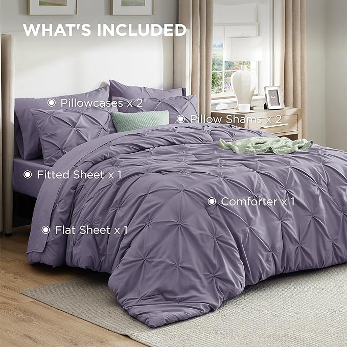 Bedsure King Size Comforter Set Grayish Purple - Bed in a Bag Bedding Set 7 Pieces, GentleSoft™ Pintuck Bed Set Gift for Family, Pinch Pleat Grayish Purple Comforter with Sheets, Pillowcases & Shams