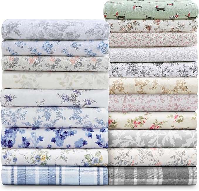 Laura Ashley - Flannel Sheets Queen Size, Anti-Pilling & Wrinkle Resistant Cotton, Touchably Soft for All-Season Comfort - Bed Sheets with Matching Pillowcases & Fitted Sheet (Vanessa Grey)