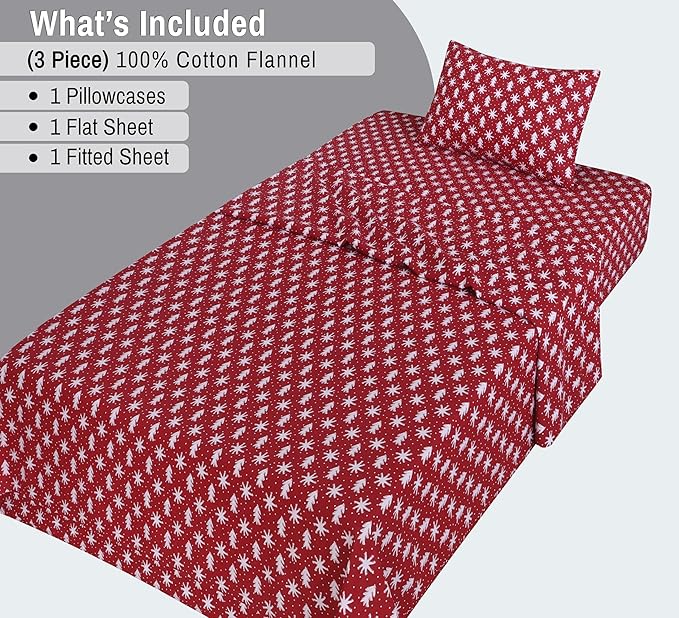 RUVANTI Flannel Sheets Twin Size - 100% Cotton Double Brushed Twin Sheets Set, Deep Pockets 16 Inches, All Seasons Breathable & Extra Soft Bed Sheets, Warm & Cozy, 3 Piece, Red Christmas