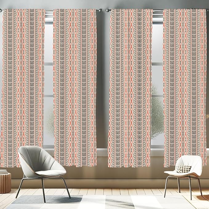 Ambesonne Southwestern Window Curtains Pack of 2, Traditional Vertical Borders Inspired by Prehistoric Art Ikat Style, Lightweight Set with Rod Pocket, 4 Panels of - 28" x 95", Brown Coral