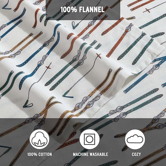 Eddie Bauer - Queen Sheets, Cotton Flannel Bedding Set, Brushed For Extra Softness, Cozy Home Decor (Ski Line White, Queen)