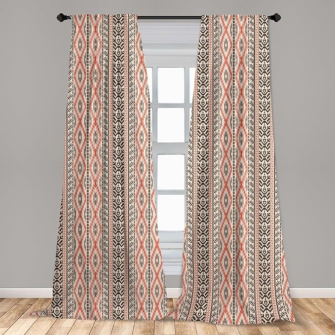 Ambesonne Southwestern Window Curtains Pack of 2, Traditional Vertical Borders Inspired by Prehistoric Art Ikat Style, Lightweight Set with Rod Pocket, 4 Panels of - 28" x 63", Brown Coral