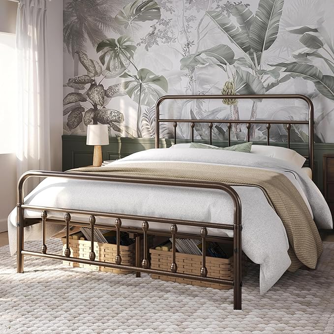 Yaheetech Classic Metal Platform Bed Frame Mattress Foundation with Victorian Style Iron-Art Headboard/Footboard/Under Bed Storage/No Box Spring Needed/Full Size Bronze