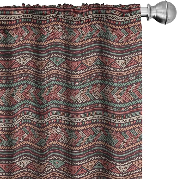 Ambesonne Boho Window Curtains, Hand Drawn Inspired Print of Triangles Colorful Latin American Folklore Motifs, Lightweight Decor 2-Panel Set with Rod Pocket, Pair of - 28" x 63", Maroon Coral