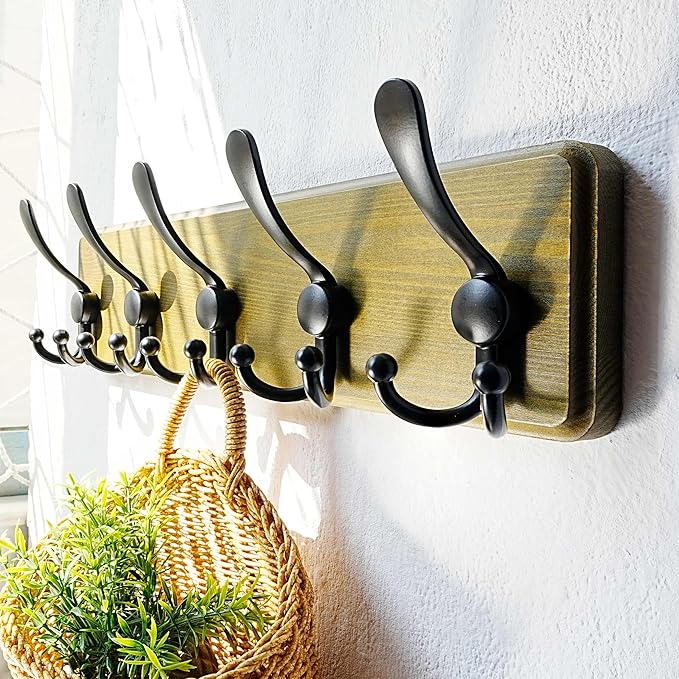 Dseap Coat Rack Wall Mount - Heavy-Duty Robust Barnwood-Style Wooden Wall Coat Hanger Hook Rail with 5 Triple Hooks for Winter Coats Hat Jacket Clothing, Weathered Green & Black, Pack of 2