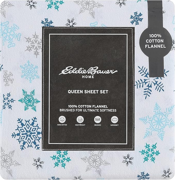 Eddie Bauer - Full Sheets, Cotton Flannel Bedding Set, Brushed For Extra Softness, Cozy Home Decor (Tossed Snowflake, Full)