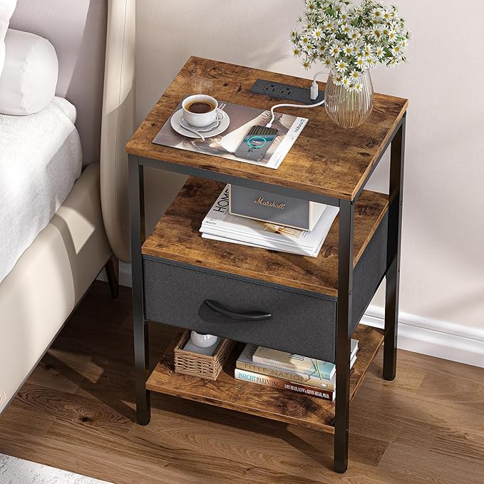SUPERJARE Nightstand Set of 2, Bed Side Tables with Charging Station, Adjustable Fabric Drawer, Night Stand for Bedroom, 3-Tier Storage End Tables, for Living Room, Rustic Brown and Black