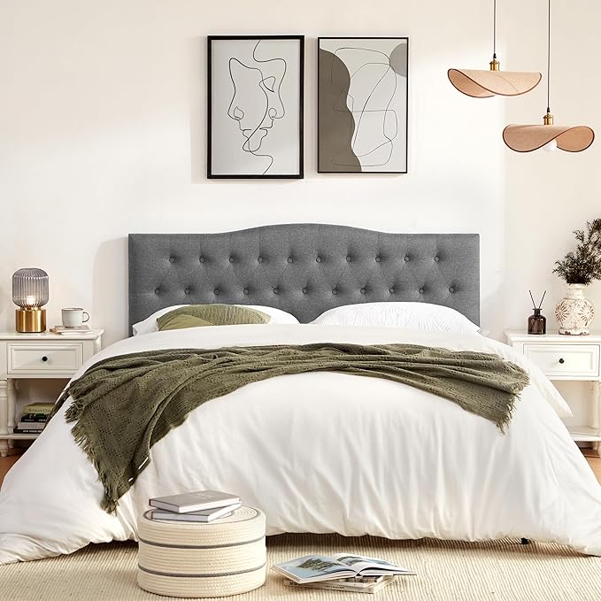 Tufted Upholstered Headboard King Size, Sturdy and Durable Solid Wood Bed headboard, Fabric Headboard Adjustable Height from 37” to 51”, Modern Button Diamond Design Head Board, Grey