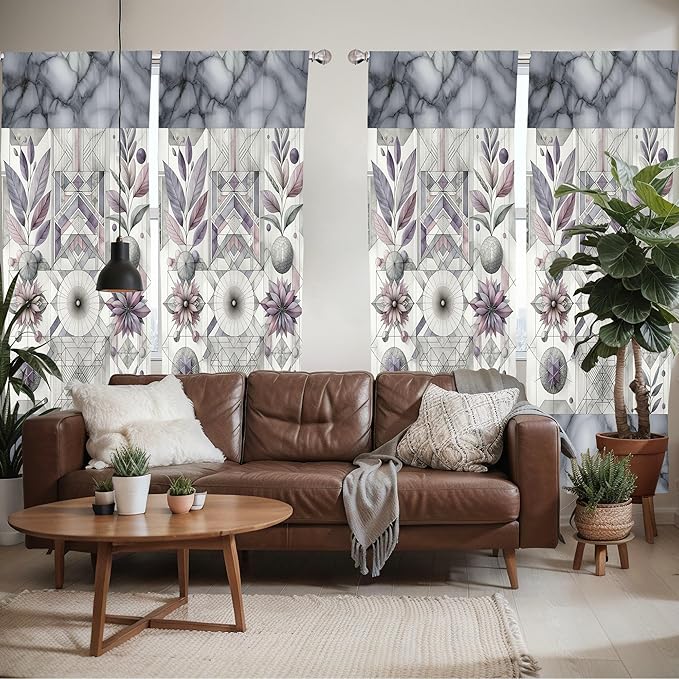 Ambesonne Geometric Floral Window Curtains Pack of 2, Classic Marble Print Ornate Leafy Flowers and Futurist Stripes, Lightweight Set with Rod Pocket, 4 Panels of - 28" x 63", Ceil Blue Laurel Green