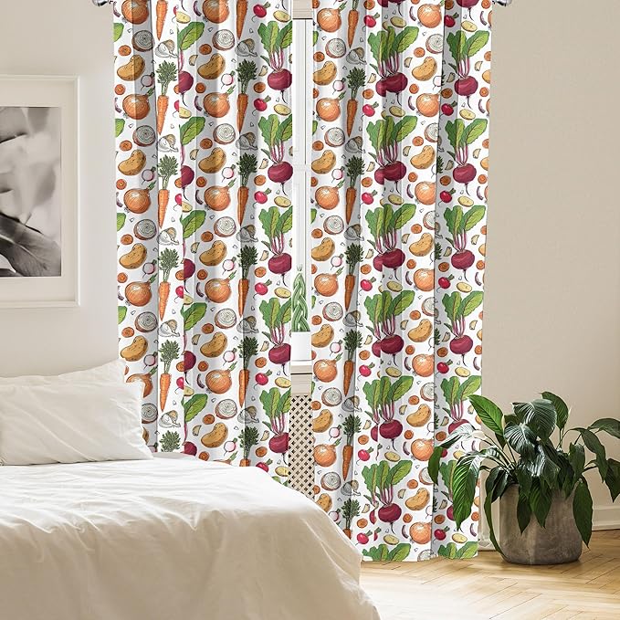 Ambesonne Vegetables 2 Panel Curtain Set, Continuous Pattern of Sketchy Painted Healthy Natural Tasty Food Illustration, Window Treatment Living Room Bedroom Decor, Pair of - 28" x 95", Green Orange