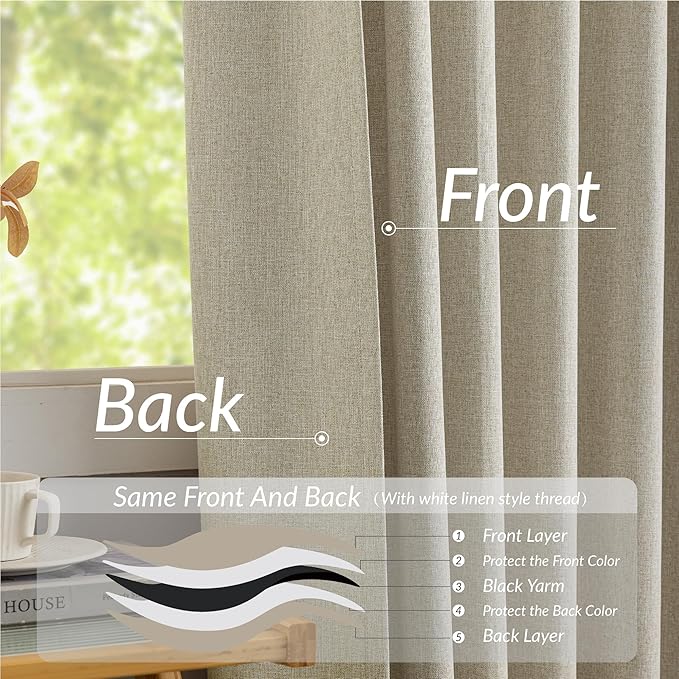 KangBang 100% Blackout Pinch Pleated Curtains 108 Inches Long, Linen Blend Pinch Pleated Window Drapes with Hooks, Track System Curtain Panels for Sliding Door Modern Farmhouse,60x108, Linen,2 PCs