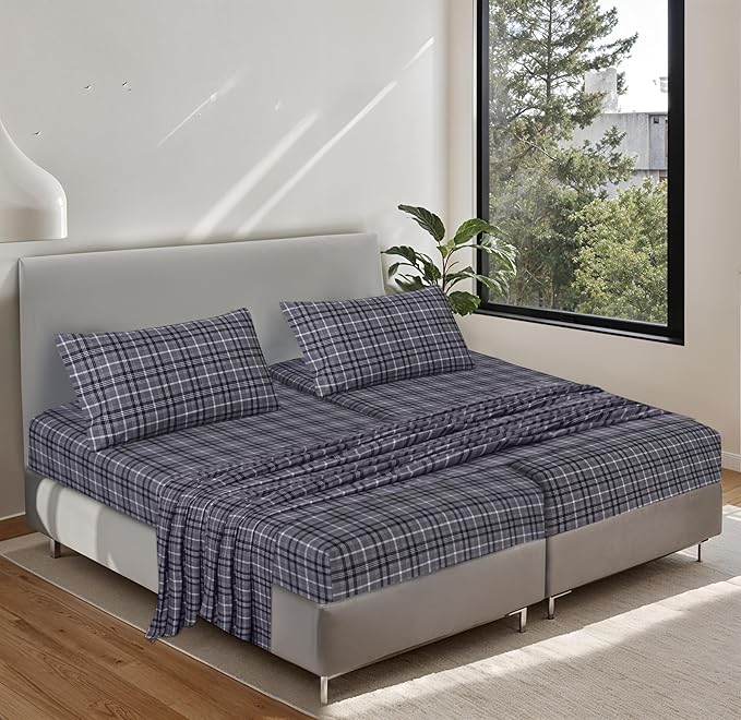 RUVANTI Flannel Sheets Split King Size - 100% Cotton Brushed Split King Bed Sheets Set, Deep Pockets 16 Inches, All Seasons Breathable & Extra Soft, Warm & Cozy, 5 Piece, Grey Plaid