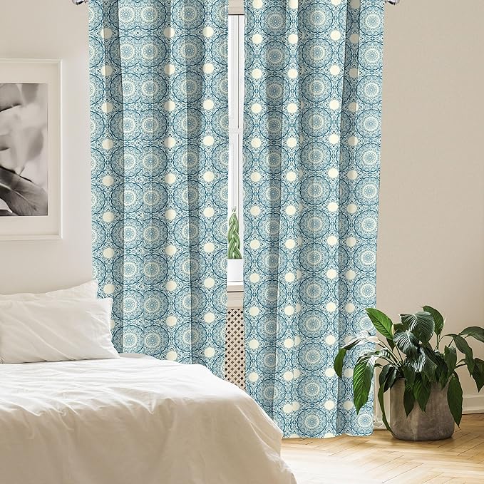 Ambesonne Circle Pattern Window Curtains, Wavy Bold Strokes Style Ornate Mandala Like Symmetrical Motif, Lightweight Decor 2-Panel Set with Rod Pocket, Pair of - 28" x 95", Petrol Blue Cream