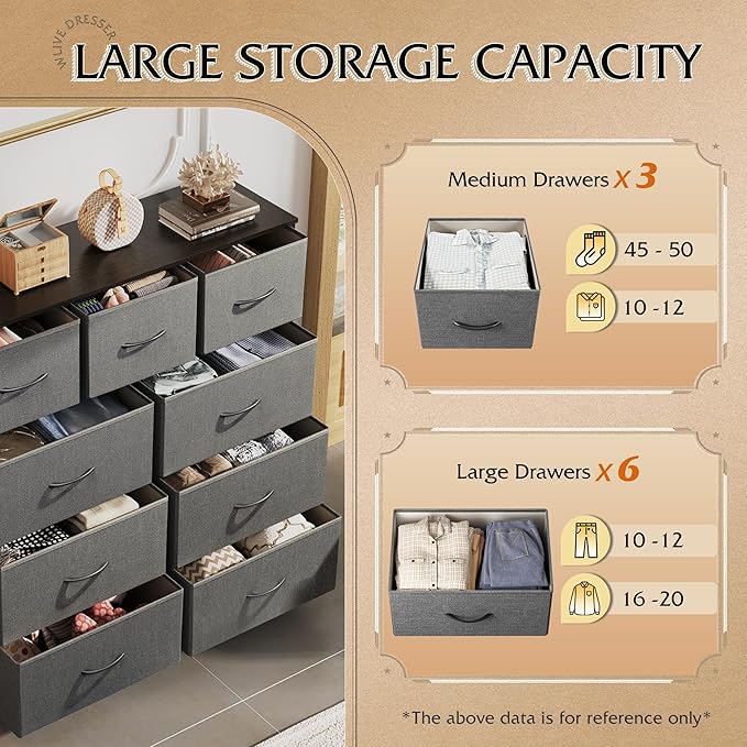 WLIVE 9-Drawer Dresser, Fabric Storage Tower for Bedroom, Hallway, Entryway, Closet, Tall Chest Organizer Unit with Fabric Bins, Steel Frame, Wood Top, Easy Pull Handle, Dark Grey