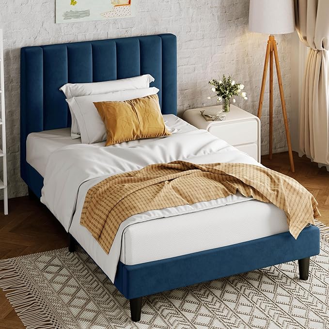 Allewie Twin Bed Frame/Velvet Upholstered Bed Frame with Vertical Channel Tufted Headboard/Strong Wooden Slats/Platform Bed Frame/Mattress Foundation/Box Spring Optional/Easy Assembly/Navy Blue