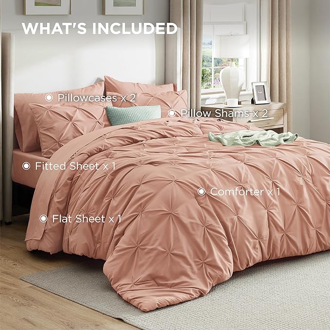Bedsure King Size Comforter Set Dusty Pink - Bed in a Bag Bedding Set 7 Pieces, GentleSoft™ Pintuck Bed Set Gift for Family, Pinch Pleat Dusty Pink Comforter with Sheets, Pillowcases & Shams