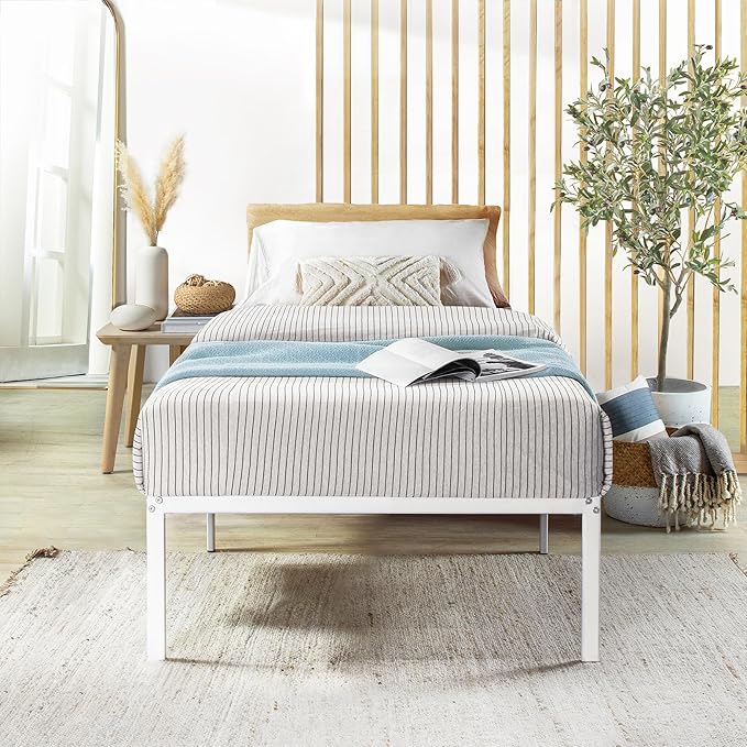 Best Price Mattress 16 Inch Metal Platform Bed Frame, Heavy Duty Steel Slats, White, Twin