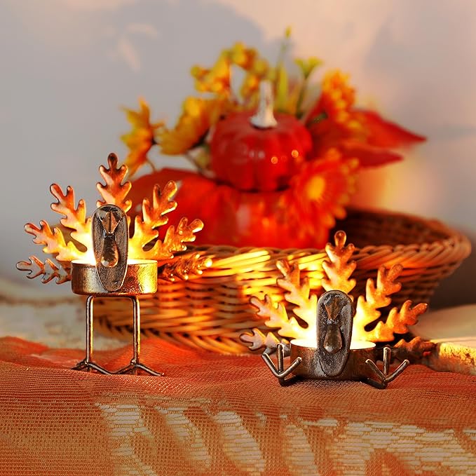 FORUP 12 Pack Metal Turkey Tea Light Candle Holders, Thanksgiving Candle Holder, Thanksgiving Home Table Decoration