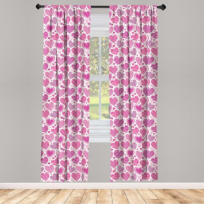 Ambesonne Valentines Window Curtains, Romantic Heart Shapes with Many Different Designs Polka Dots Crossed Lines, Lightweight Decorative Panels Set of 2 with Rod Pocket, 56" x 63", Pink White