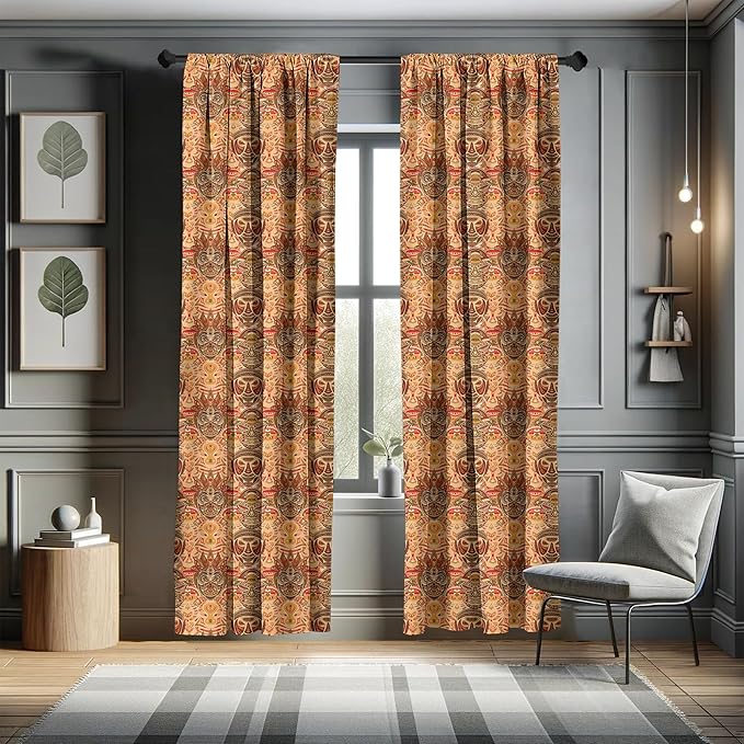 Ambesonne African Curtains, Motif with Pattern Design, Window Treatments 2 Panel Set for Living Room Bedroom, Pair of - 28" x 63", Brown Orange