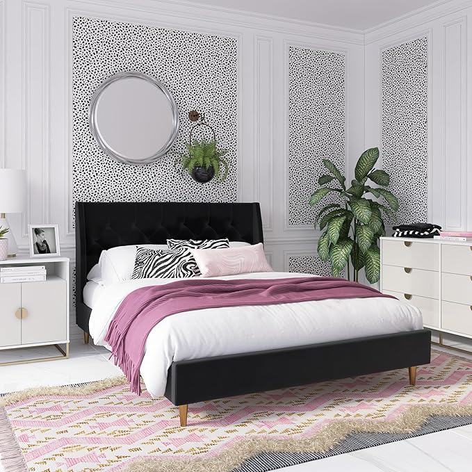 Novogratz The Her Majesty Upholstered Bed, Queen, Black Velvet